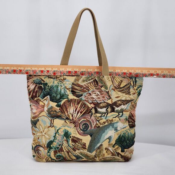 Vintage Sea Creature Tapestry Shopper Tote Bag Ocean Dolphin Turtle Shells - Picture 9 of 11